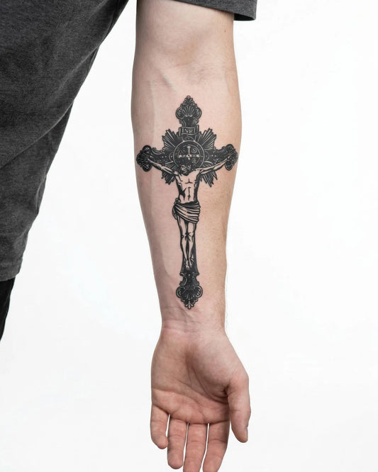 INKON Crucifix semi-permanent tattoo applied on a man – 4 x 7 in (10x17cm) design, realistic ink look, lasts 10 days