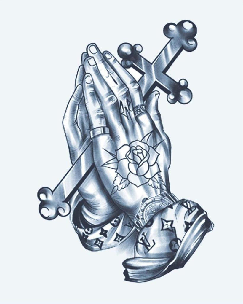 Praying Hands & Rosary semi-permanent tattoo design by INKON – praying, hands, clasping, cross, rosary illustration, 4 x 7 in (10x17cm), available at inkon.co