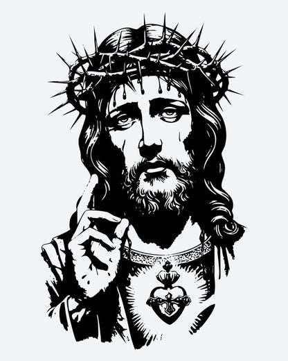 Christ with Crown of Thorns semi-permanent tattoo design by INKON – portrait, jesus, wearing, crown, thorns illustration, 4 x 7 in (10x17cm), available at inkon.co