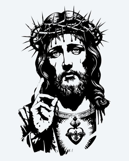 Christ with Crown of Thorns semi-permanent tattoo design by INKON – portrait, jesus, wearing, crown, thorns illustration, 4 x 7 in (10x17cm), available at inkon.co