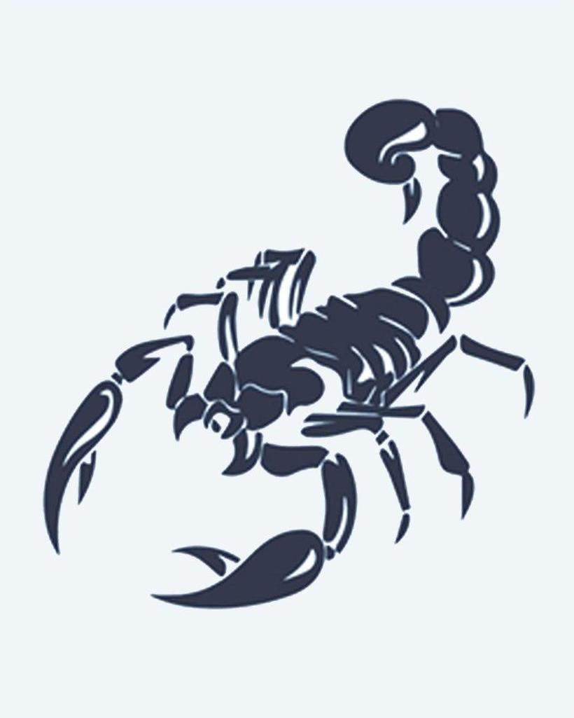 Striking Scorpion semi-permanent tattoo design by INKON – dynamic, scorpion, pose, raised, tail illustration, 2 x 2 in (5x5cm), available at inkon.co