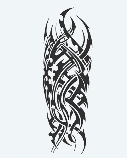 Cyber Tribal semi-permanent tattoo design by INKON – dynamic, full, sleeve, sweeping, tribal illustration, 8 x 20 in (20x50cm), available at inkon.co