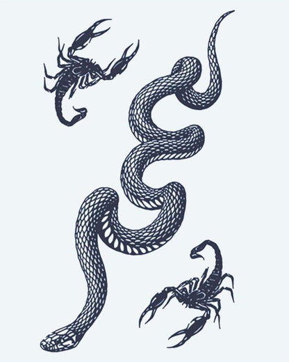 Snake & Scorpions semi-permanent tattoo design by INKON – coiling, snake, scorpions, illustrative, versatile illustration, 4 x 7 in (10x17cm), available at inkon.co
