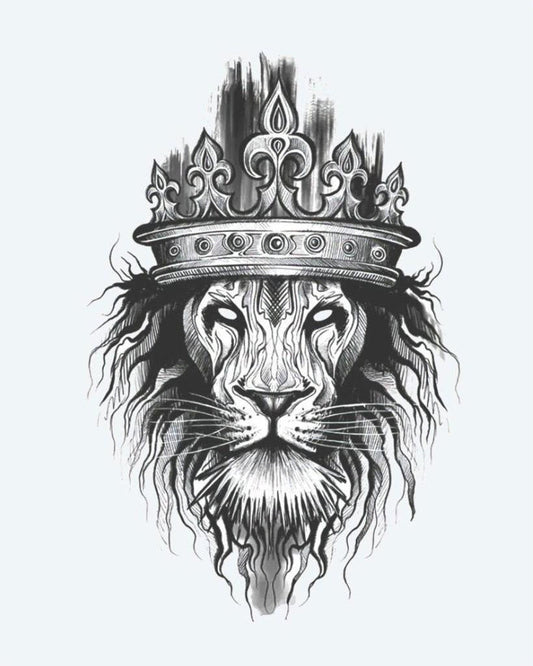 Crowned Lion semi-permanent tattoo design by INKON – majestic, lion, head, wearing, ornate illustration, 4 x 7 in (10x17cm), available at inkon.co