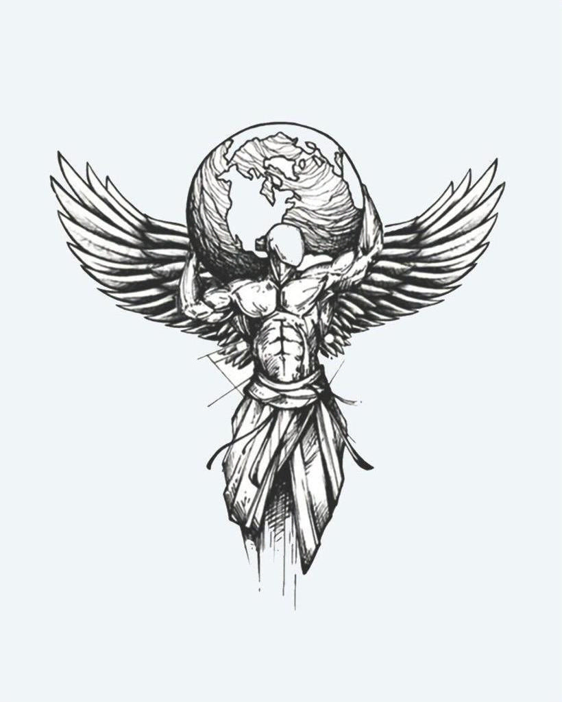 Winged Atlas semi-permanent tattoo design by INKON – winged, figure, holding, globe, illustrative illustration, 4 x 8 in (11x21cm), available at inkon.co