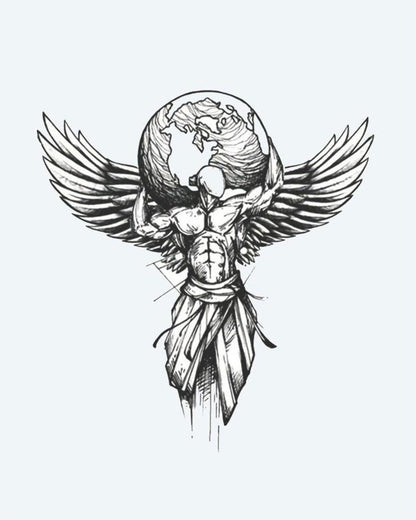 Winged Atlas semi-permanent tattoo design by INKON – winged, figure, holding, globe, illustrative illustration, 4 x 8 in (11x21cm), available at inkon.co