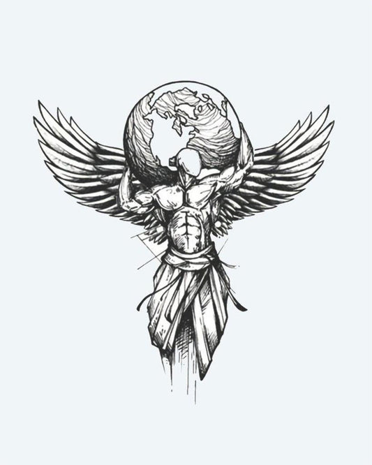Winged Atlas semi-permanent tattoo design by INKON – winged, figure, holding, globe, illustrative illustration, 4 x 8 in (11x21cm), available at inkon.co