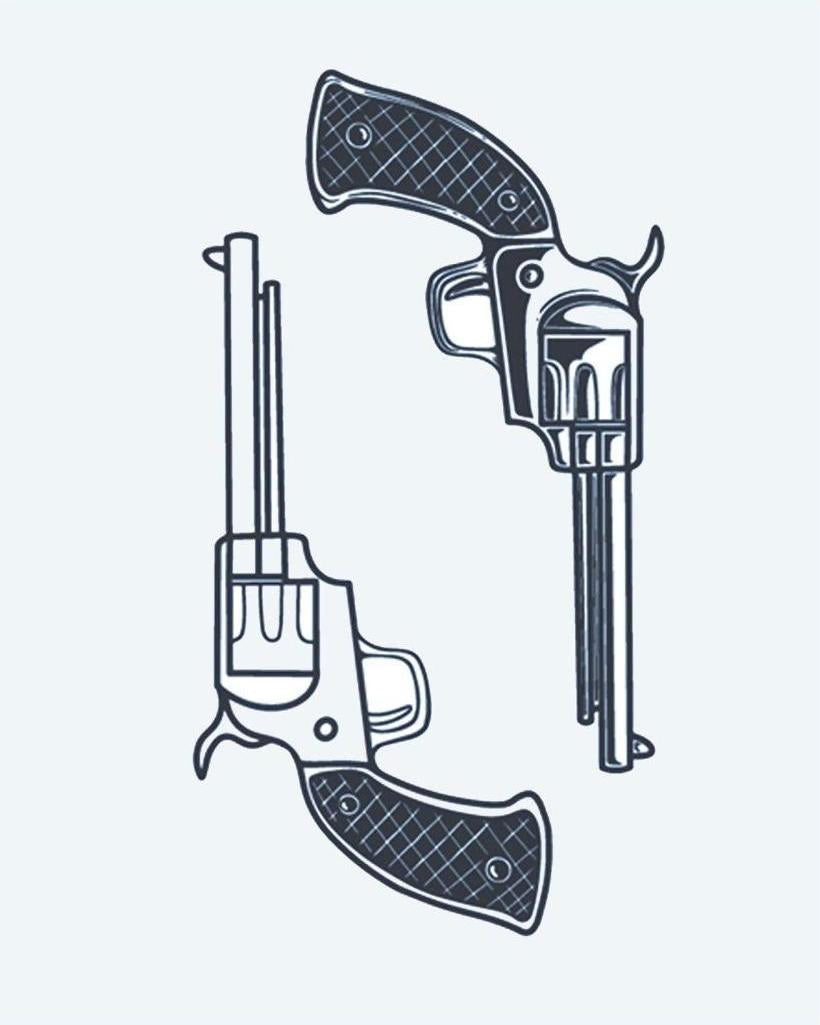Dual Revolvers semi-permanent tattoo design by INKON – pair, vintage, revolvers, facing, opposite illustration, 4 x 7 in (10x17cm), available at inkon.co