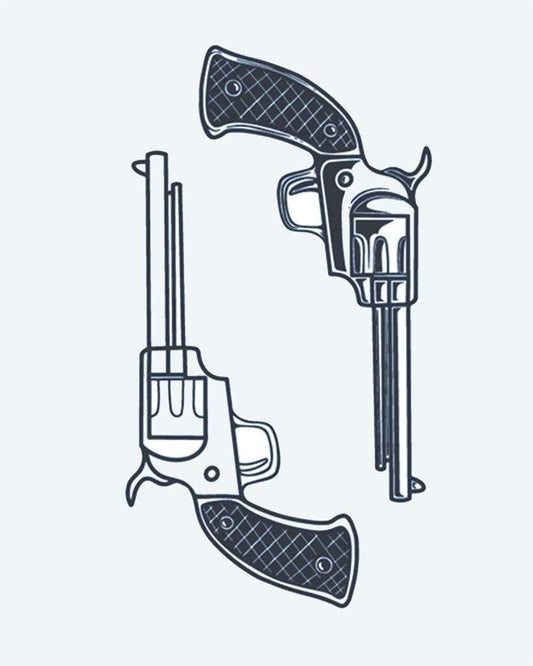 Dual Revolvers semi-permanent tattoo design by INKON – pair, vintage, revolvers, facing, opposite illustration, 4 x 7 in (10x17cm), available at inkon.co