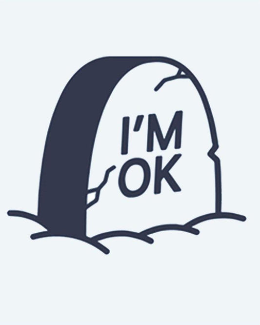 I'm OK Tombstone semi-permanent tattoo design by INKON – humorous, cracked, tombstone, inscription, darkly illustration, 2 x 2 in (5x5cm), available at inkon.co