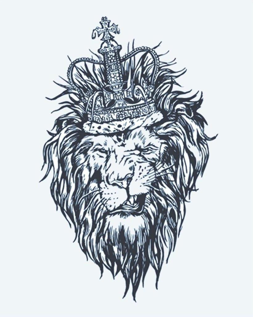Lion King Crown semi-permanent tattoo design by INKON – majestic, lion, head, wearing, royal illustration, 4 x 7 in (10x17cm), available at inkon.co