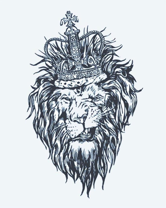 Lion King Crown semi-permanent tattoo design by INKON – majestic, lion, head, wearing, royal illustration, 4 x 7 in (10x17cm), available at inkon.co