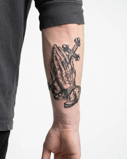 INKON Praying Hands & Rosary semi-permanent tattoo applied on a man – 4 x 7 in (10x17cm) design, realistic ink look, lasts 10 days