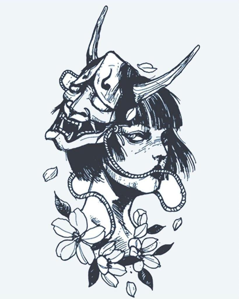 Hannya Mask & Geisha semi-permanent tattoo design by INKON – japanese, hannya, demon, mask, geisha illustration, 4 x 7 in (10x17cm), available at inkon.co