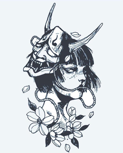 Hannya Mask & Geisha semi-permanent tattoo design by INKON – japanese, hannya, demon, mask, geisha illustration, 4 x 7 in (10x17cm), available at inkon.co