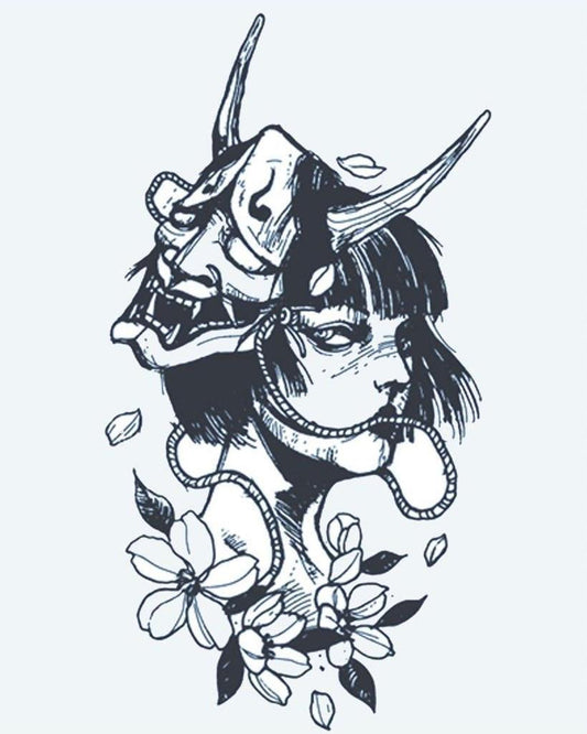 Hannya Mask & Geisha semi-permanent tattoo design by INKON – japanese, hannya, demon, mask, geisha illustration, 4 x 7 in (10x17cm), available at inkon.co