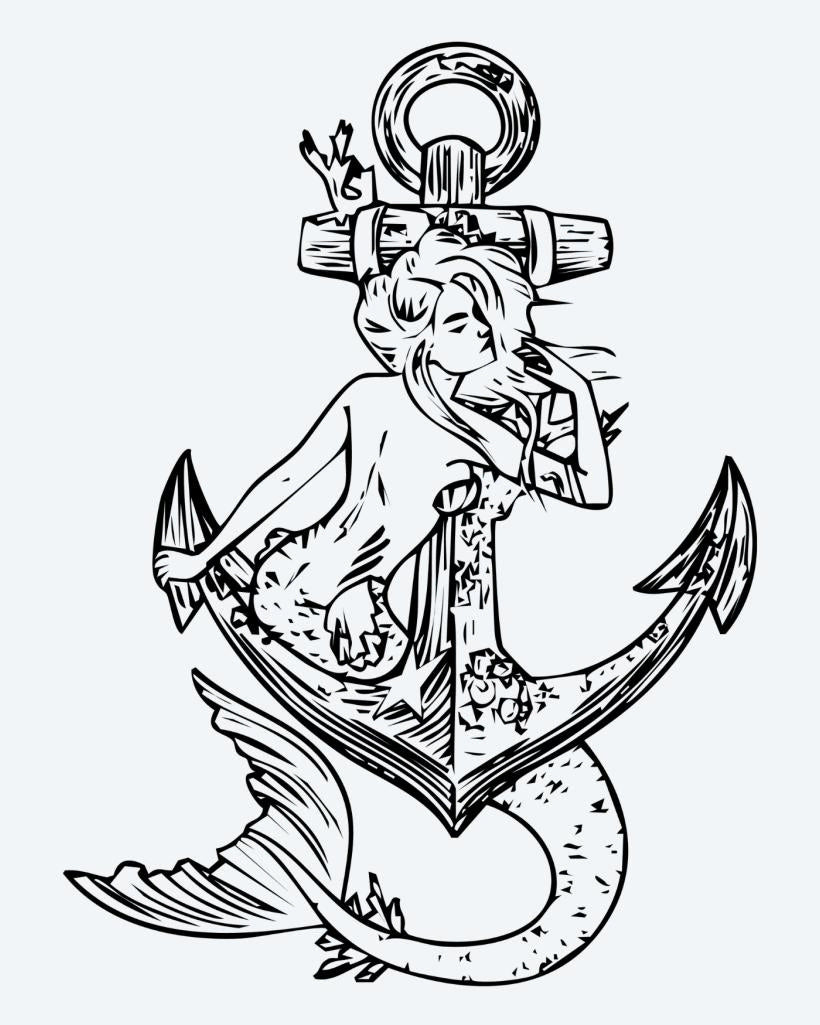 Mermaid & Anchor semi-permanent tattoo design by INKON – mermaid, draped, over, nautical, anchor illustration, 4 x 7 in (10x17cm), available at inkon.co