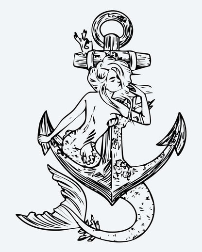 Mermaid & Anchor semi-permanent tattoo design by INKON – mermaid, draped, over, nautical, anchor illustration, 4 x 7 in (10x17cm), available at inkon.co