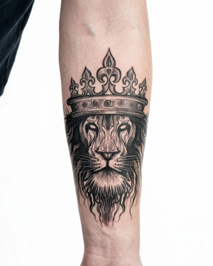 INKON Crowned Lion semi-permanent tattoo applied on a man – 4 x 7 in (10x17cm) design, realistic ink look, lasts 10 days