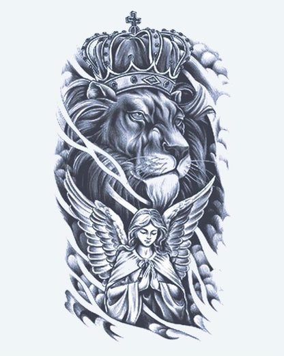 Crowned Lion & Angel semi-permanent tattoo design by INKON – majestic, crowned, lion, above, praying illustration, 4 x 7 in (10x17cm), available at inkon.co