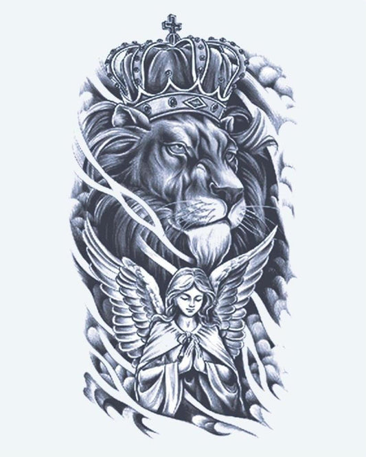 Crowned Lion & Angel semi-permanent tattoo design by INKON – majestic, crowned, lion, above, praying illustration, 4 x 7 in (10x17cm), available at inkon.co