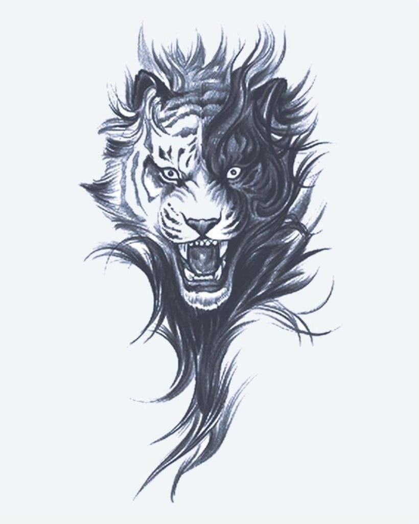 Roaring Tiger semi-permanent tattoo design by INKON – ferocious, roaring, tiger, head, dramatic illustration, 4 x 7 in (10x17cm), available at inkon.co