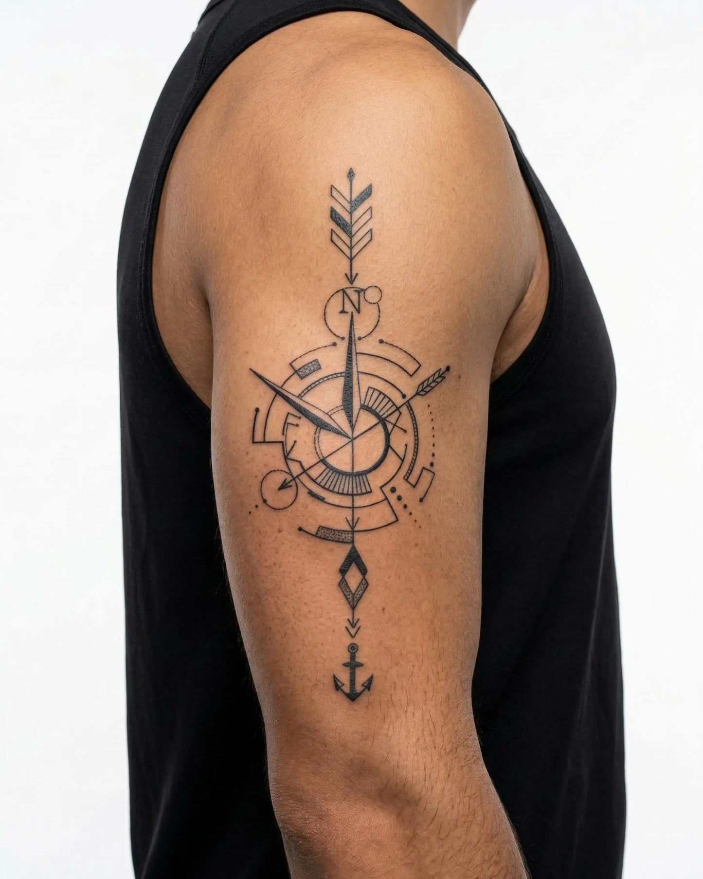 INKON Nautical Compass Arrow semi-permanent tattoo applied on a man – 4 x 7 in (10x17cm) design, realistic ink look, lasts 10 days