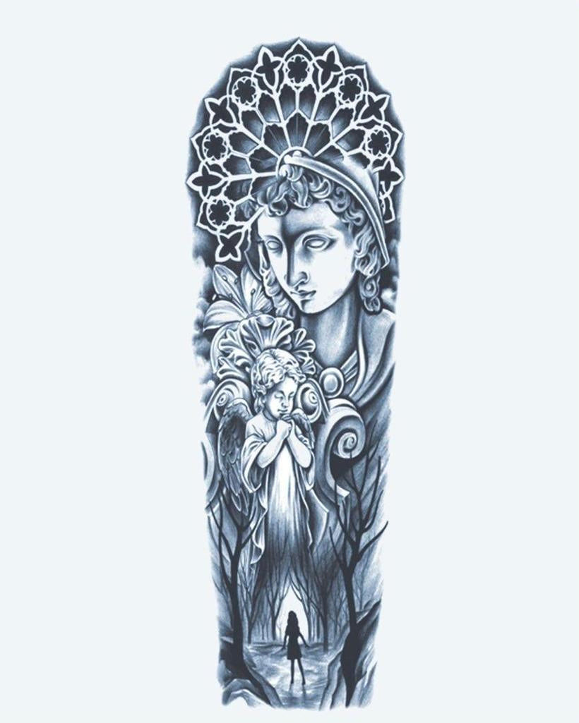 Guardian Angel & Cathedral semi-permanent tattoo design by INKON – ethereal, full, sleeve, classical, statue illustration, 8 x 20 in (20x50cm), available at inkon.co