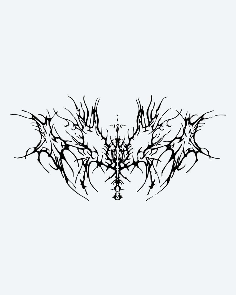 Dark Thorns Spread semi-permanent tattoo design by INKON – symmetrical, abstract, thorny, sharp, organic illustration, 4 x 8 in (11x21cm), available at inkon.co