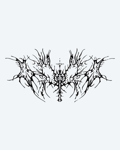 Dark Thorns Spread semi-permanent tattoo design by INKON – symmetrical, abstract, thorny, sharp, organic illustration, 4 x 8 in (11x21cm), available at inkon.co