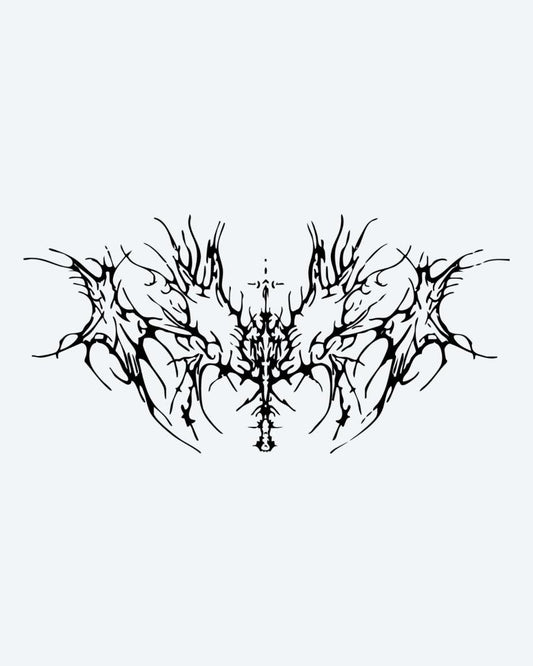 Dark Thorns Spread semi-permanent tattoo design by INKON – symmetrical, abstract, thorny, sharp, organic illustration, 4 x 8 in (11x21cm), available at inkon.co