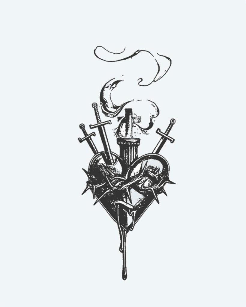 Sacred Heart & Daggers semi-permanent tattoo design by INKON – dark, sacred, heart, pierced, daggers illustration, 3 x 4 in (6x11cm), available at inkon.co