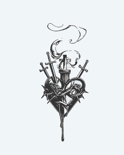 Sacred Heart & Daggers semi-permanent tattoo design by INKON – dark, sacred, heart, pierced, daggers illustration, 3 x 4 in (6x11cm), available at inkon.co