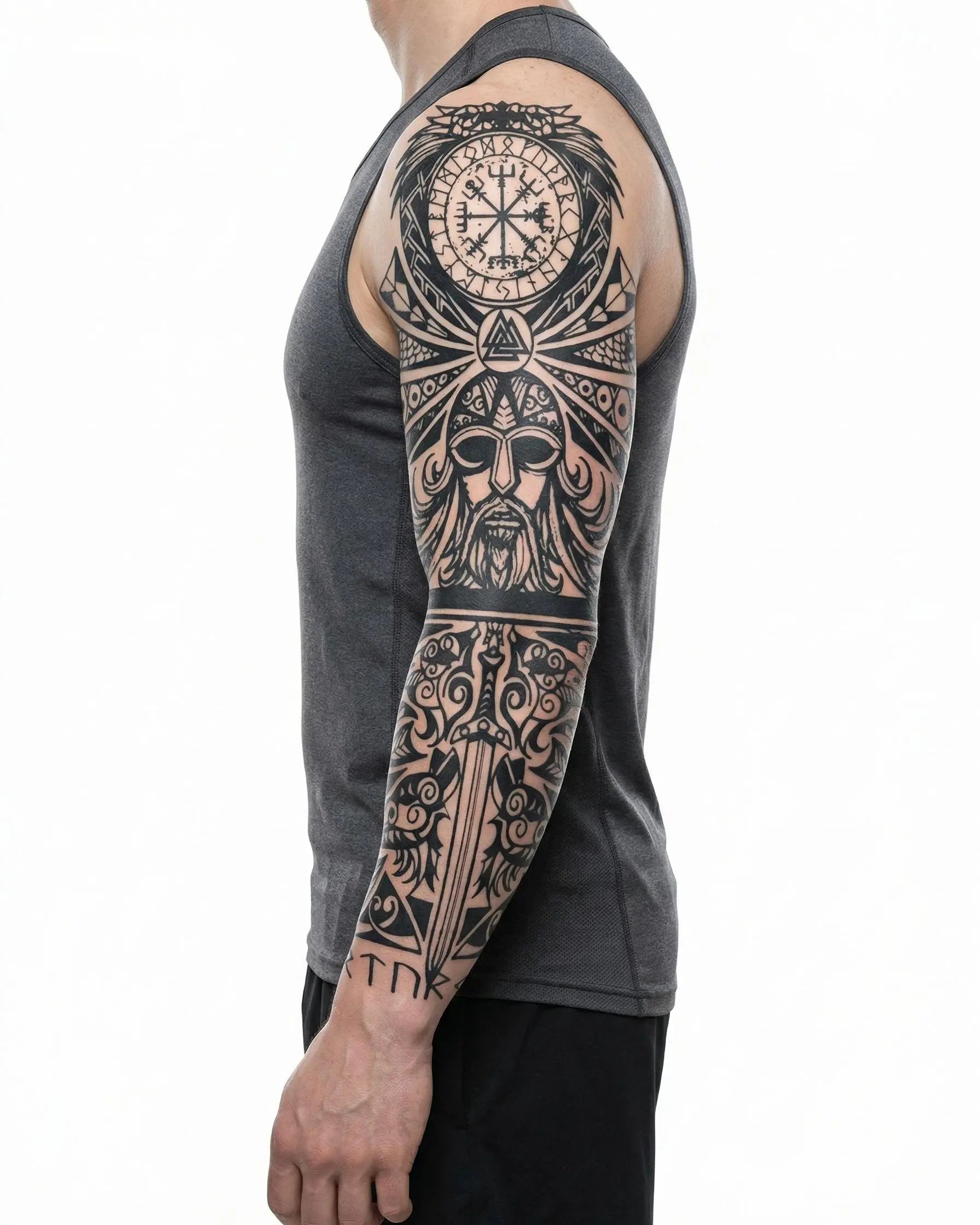 INKON Viking Odin & Runes semi-permanent tattoo applied on a man – 8 x 20 in (20x50cm) design, realistic ink look, lasts 10 days