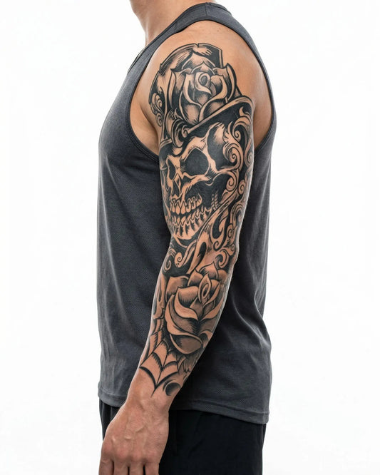 INKON Skull in Top Hat & Roses semi-permanent tattoo applied on a man – 8 x 20 in (20x50cm) design, realistic ink look, lasts 10 days