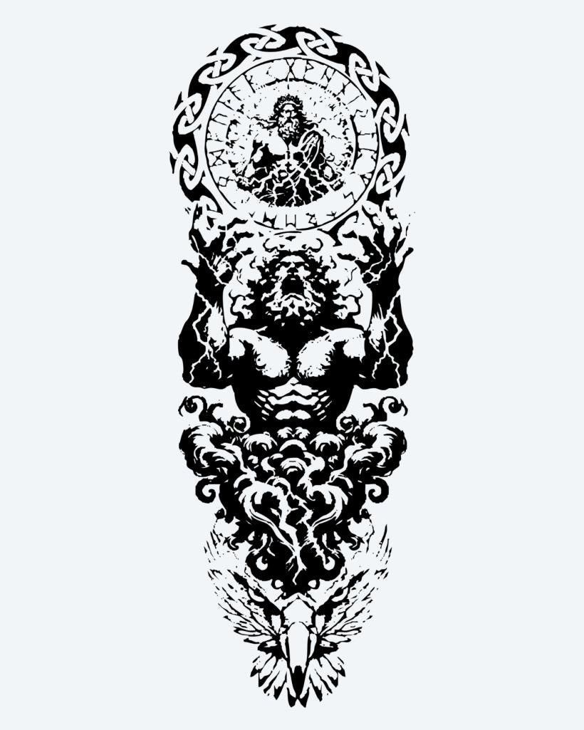 Atlas & Zodiac semi-permanent tattoo design by INKON – muscular, atlas, figure, holding, heavens illustration, 8 x 20 in (20x50cm), available at inkon.co