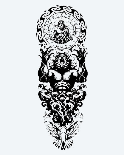 Atlas & Zodiac semi-permanent tattoo design by INKON – muscular, atlas, figure, holding, heavens illustration, 8 x 20 in (20x50cm), available at inkon.co