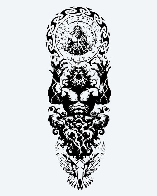 Atlas & Zodiac semi-permanent tattoo design by INKON – muscular, atlas, figure, holding, heavens illustration, 8 x 20 in (20x50cm), available at inkon.co