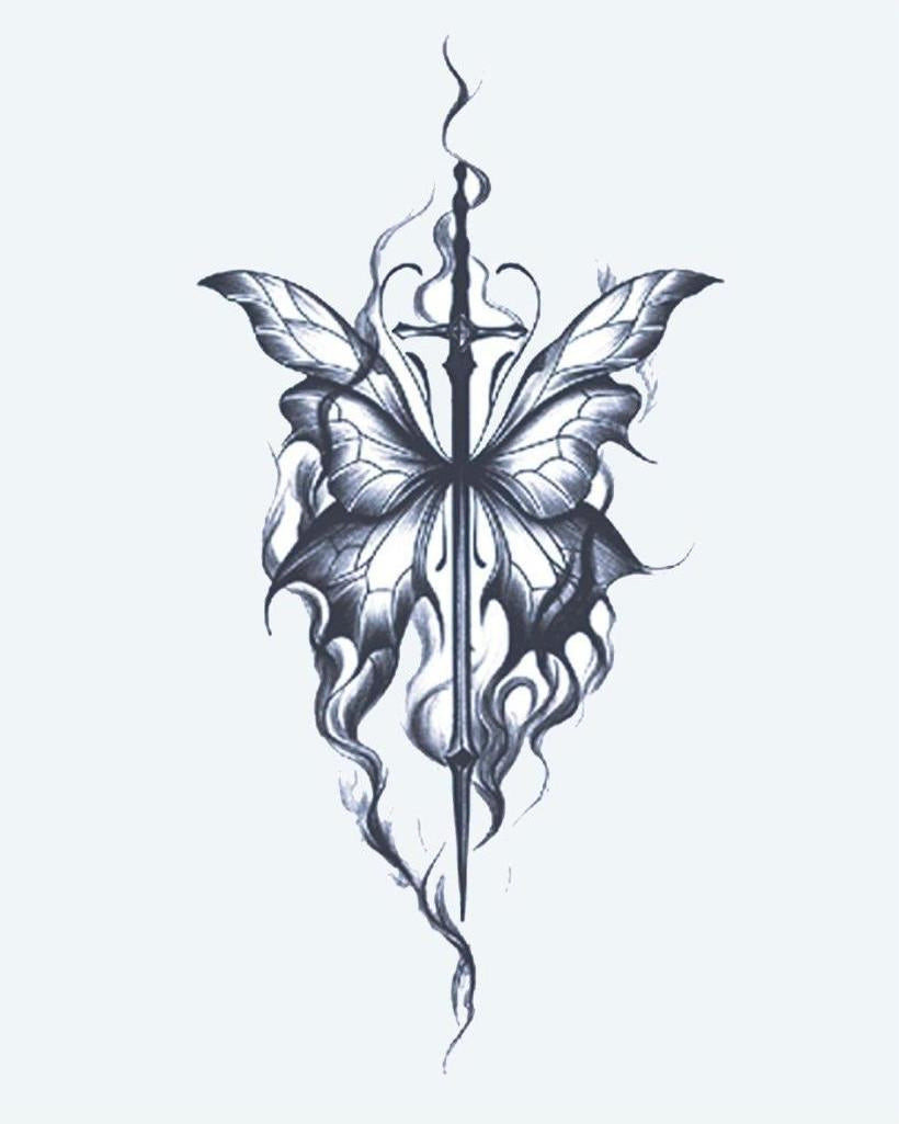 Butterfly & Sword semi-permanent tattoo design by INKON – butterfly, wings, pierced, long, sword illustration, 4 x 7 in (10x17cm), available at inkon.co