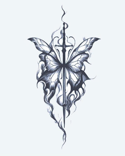 Butterfly & Sword semi-permanent tattoo design by INKON – butterfly, wings, pierced, long, sword illustration, 4 x 7 in (10x17cm), available at inkon.co