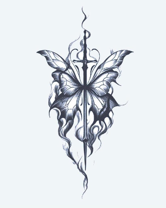 Butterfly & Sword semi-permanent tattoo design by INKON – butterfly, wings, pierced, long, sword illustration, 4 x 7 in (10x17cm), available at inkon.co