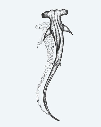 Hammerhead Shark semi-permanent tattoo design by INKON – dotwork, hammerhead, shark, swimming, downward illustration, 3 x 4 in (6x11cm), available at inkon.co