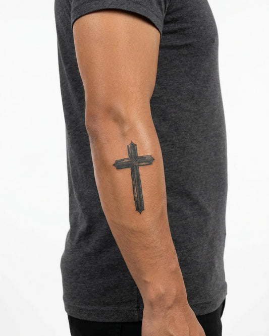 INKON Rustic Cross semi-permanent tattoo applied on a man – 3 x 4 in (6x11cm) design, realistic ink look, lasts 10 days