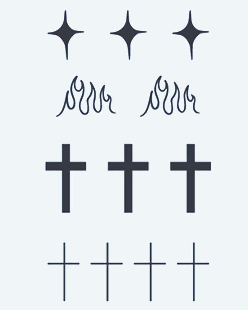 Stars, Flames & Crosses semi-permanent tattoo design by INKON – minimalist, sheet, four, point, stars illustration, 3 x 4 in (6x11cm), available at inkon.co