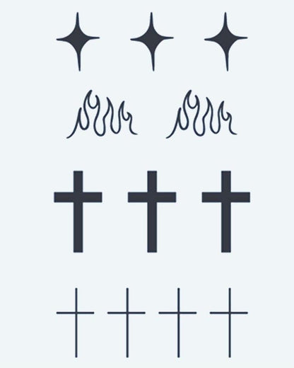 Stars, Flames & Crosses semi-permanent tattoo design by INKON – minimalist, sheet, four, point, stars illustration, 3 x 4 in (6x11cm), available at inkon.co
