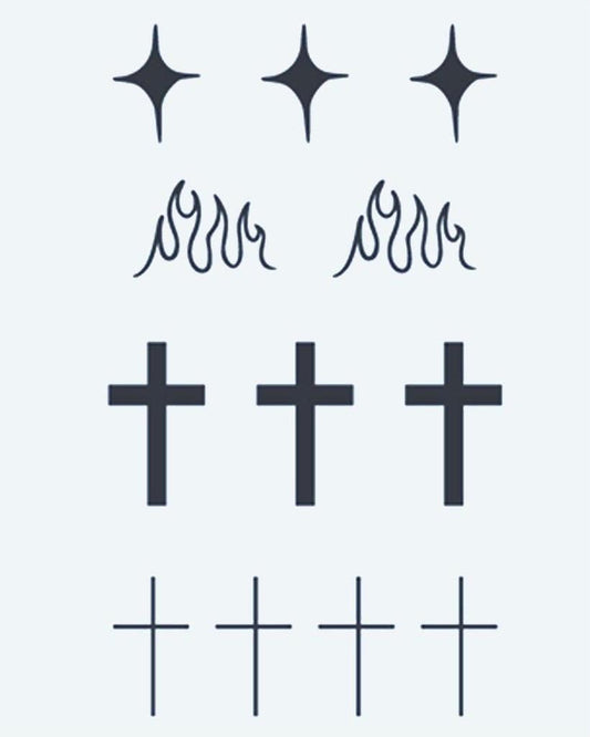 Stars, Flames & Crosses semi-permanent tattoo design by INKON – minimalist, sheet, four, point, stars illustration, 3 x 4 in (6x11cm), available at inkon.co