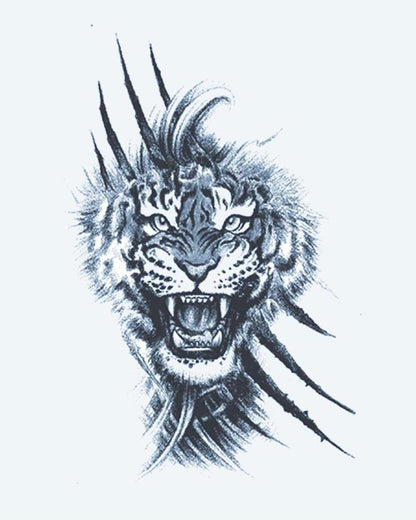 Roaring Tiger & Claws semi-permanent tattoo design by INKON – roaring, tiger, bursting, through, claw illustration, 4 x 7 in (10x17cm), available at inkon.co