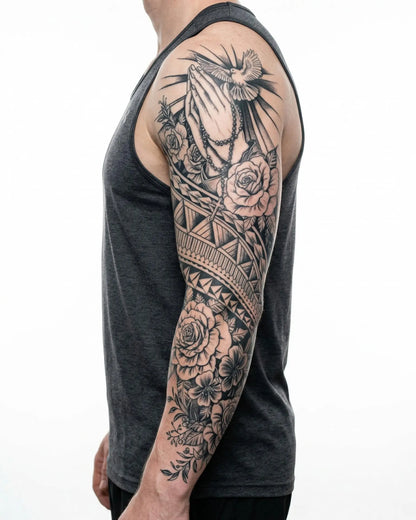 INKON Praying Hands, Dove & Tribal Roses semi-permanent tattoo applied on a man – 8 x 20 in (20x50cm) design, realistic ink look, lasts 10 days