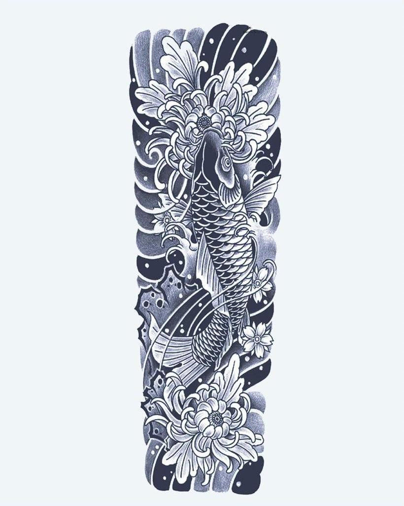 Koi Fish & Chrysanthemum Sleeve semi-permanent tattoo design by INKON – japanese, irezumi, full, sleeve, fish illustration, 8 x 20 in (20x50cm), available at inkon.co