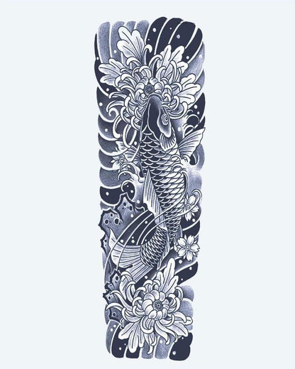 Koi Fish & Chrysanthemum Sleeve semi-permanent tattoo design by INKON – japanese, irezumi, full, sleeve, fish illustration, 8 x 20 in (20x50cm), available at inkon.co